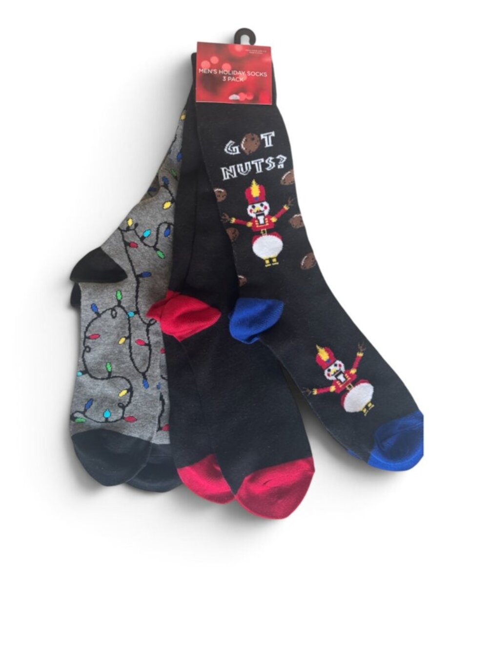 Men's Holiday Socks 3 Pack: Got Nuts?, Christmas Lights and Black Shoe Size 7-12